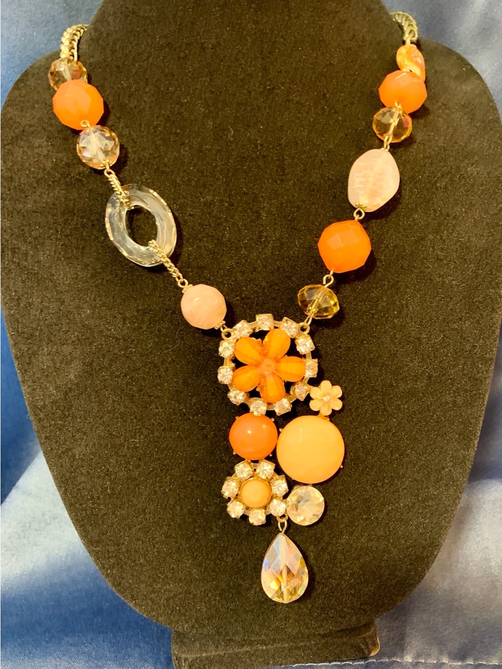 Orange Floral Crystal Statement Necklace - Women Jewelry